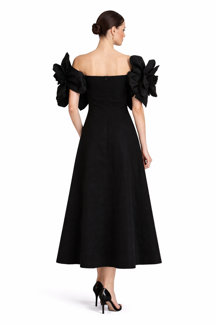 off-shoulder midi dress with oversized floral appliqué – BLOOM