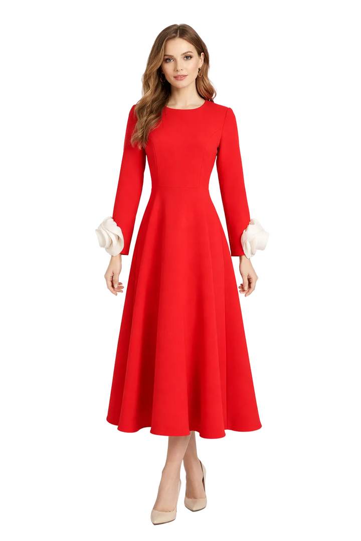 long sleeve A-line dress with contrast ruffle cuffs – RUBY