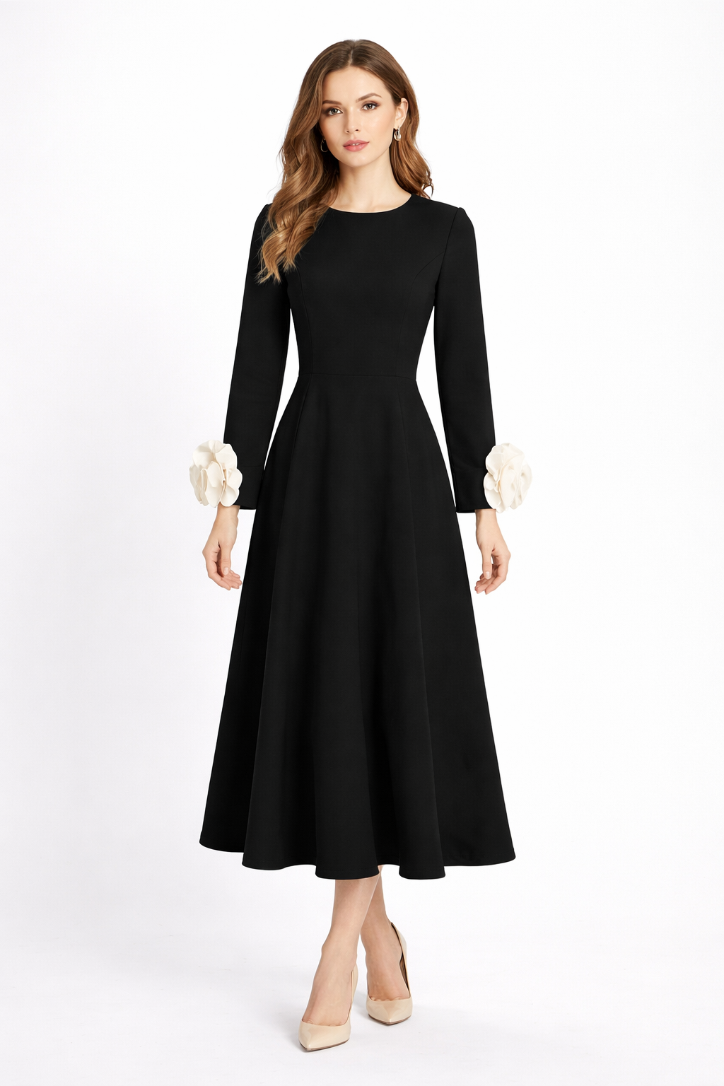 long sleeve A-line dress with contrast ruffle cuffs – RUBY