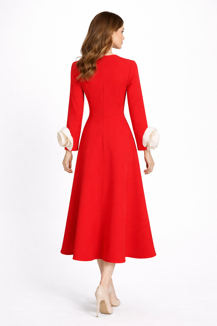 long sleeve A-line dress with contrast ruffle cuffs – RUBY