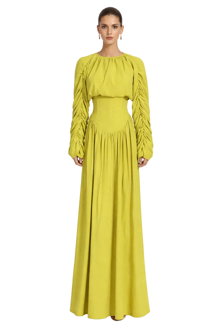 long sleeve gathered maxi dress with corset waist – LIMEA
