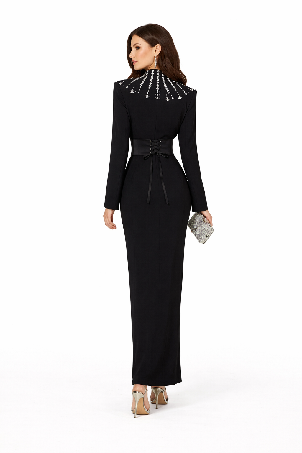long sleeve column dress with crystal embellished collar – NOIR