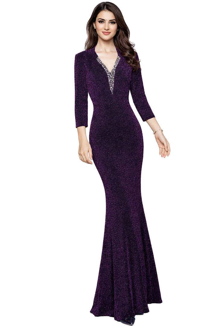 Long-Sleeve Shimmer Gown with Embellished V-Neck – EMERALD