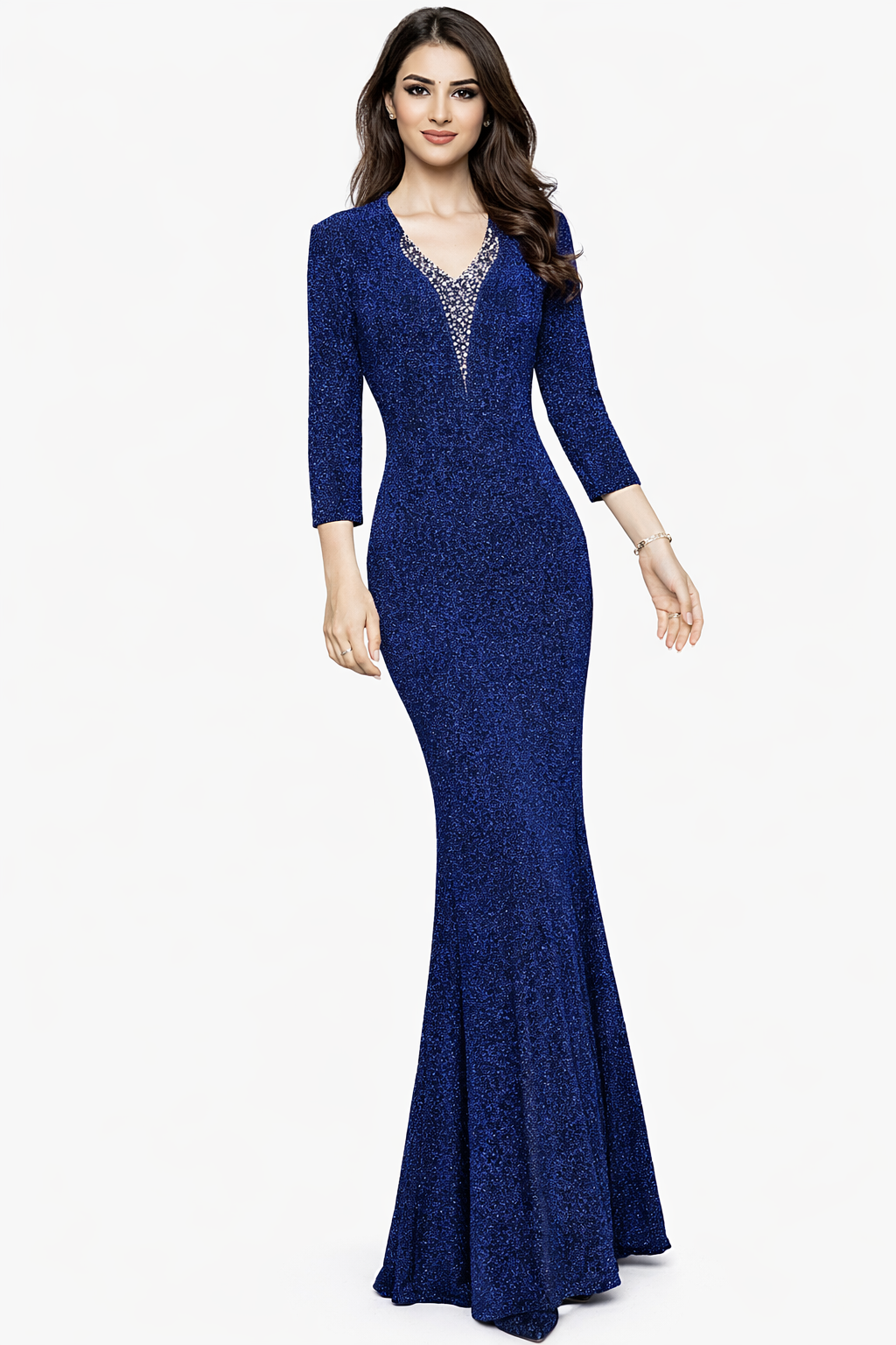 Long-Sleeve Shimmer Gown with Embellished V-Neck – EMERALD
