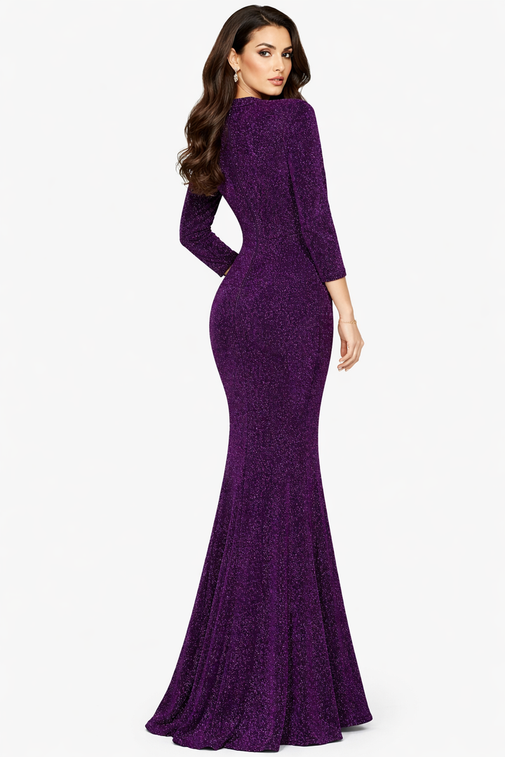 Long-Sleeve Shimmer Gown with Embellished V-Neck – EMERALD