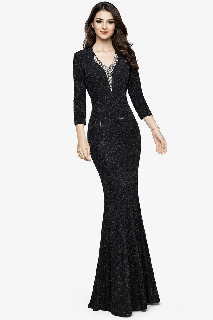 Long-Sleeve Shimmer Gown with Embellished V-Neck – EMERALD