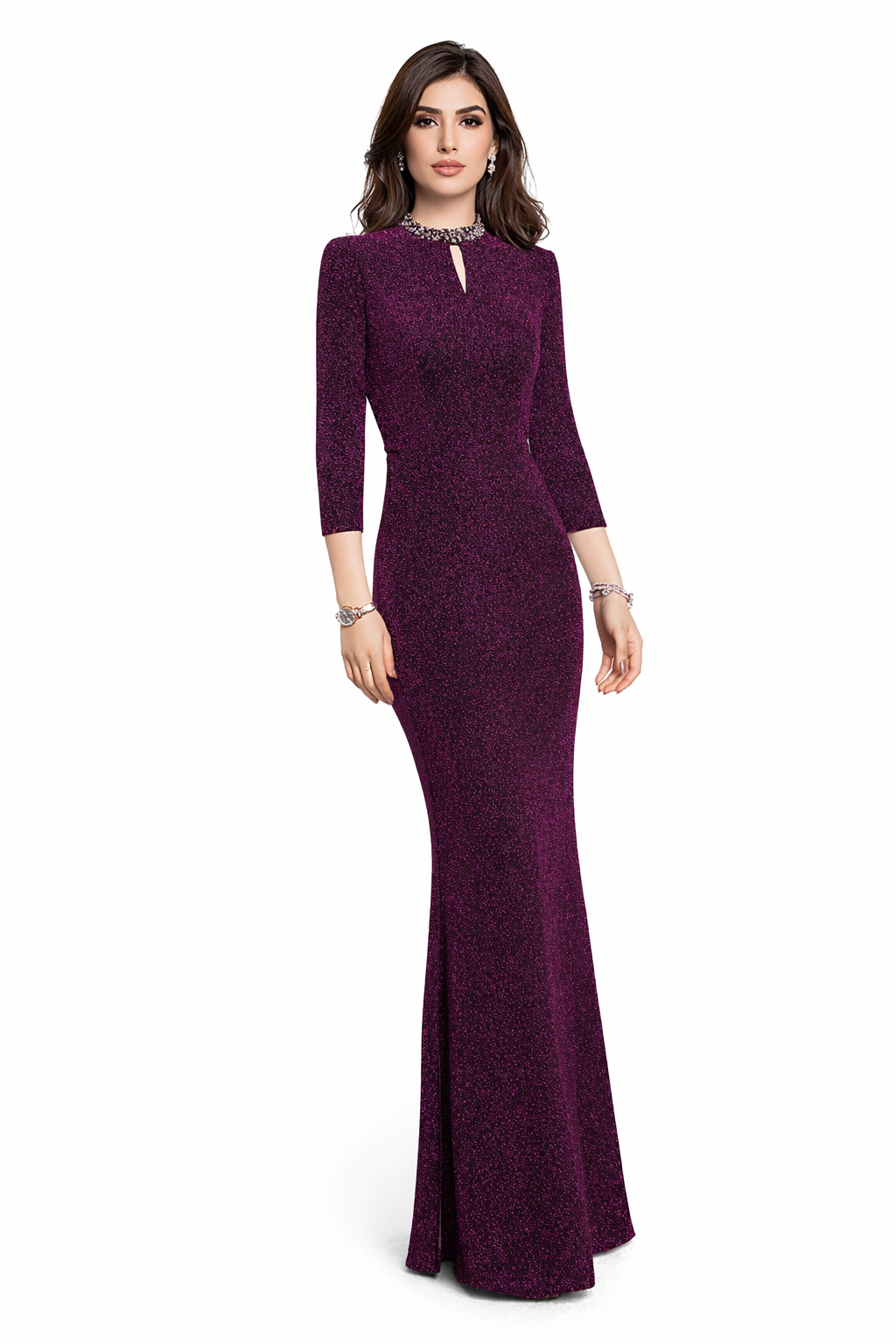 three-quarter sleeve fitted evening gown with embellished neckline – VELORA