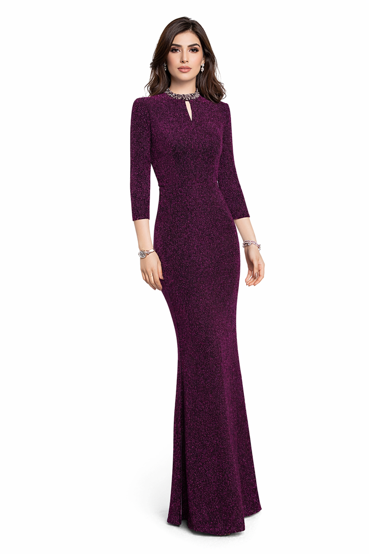 three-quarter sleeve fitted evening gown with embellished neckline – VELORA
