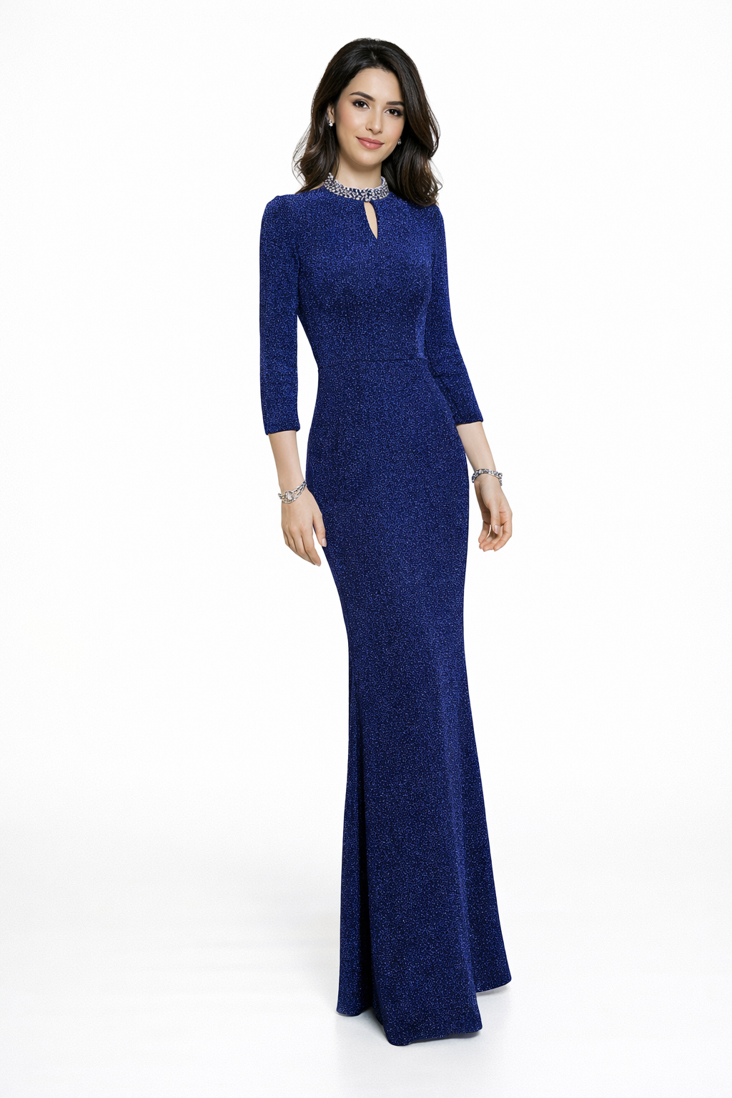 three-quarter sleeve fitted evening gown with embellished neckline – VELORA