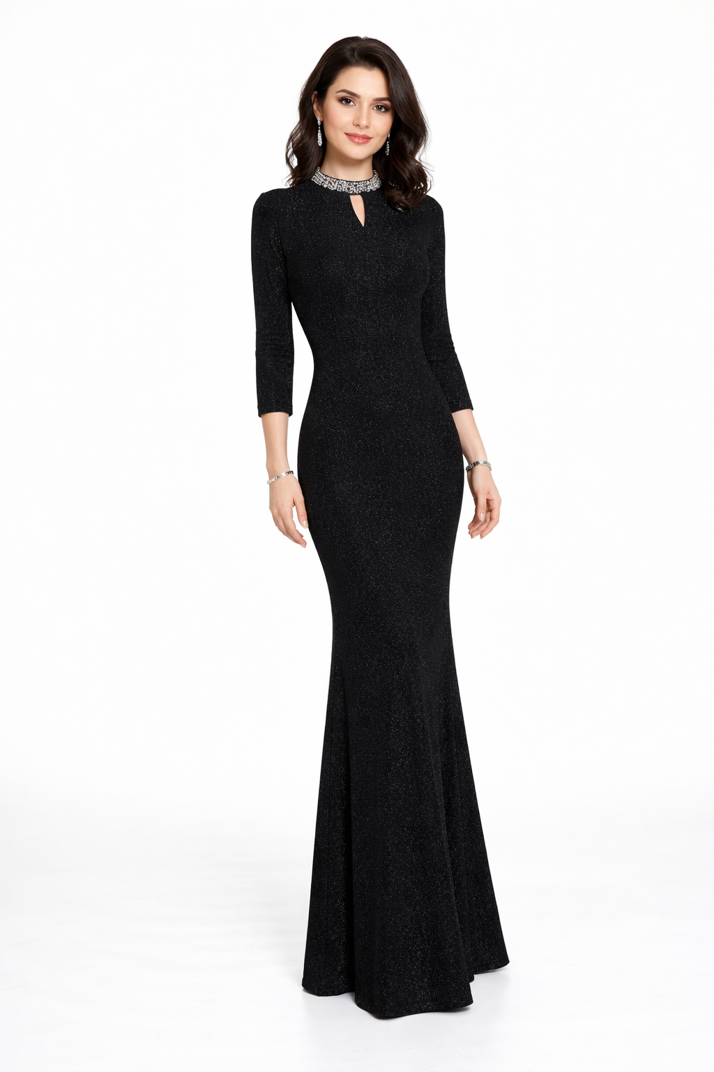 three-quarter sleeve fitted evening gown with embellished neckline – VELORA