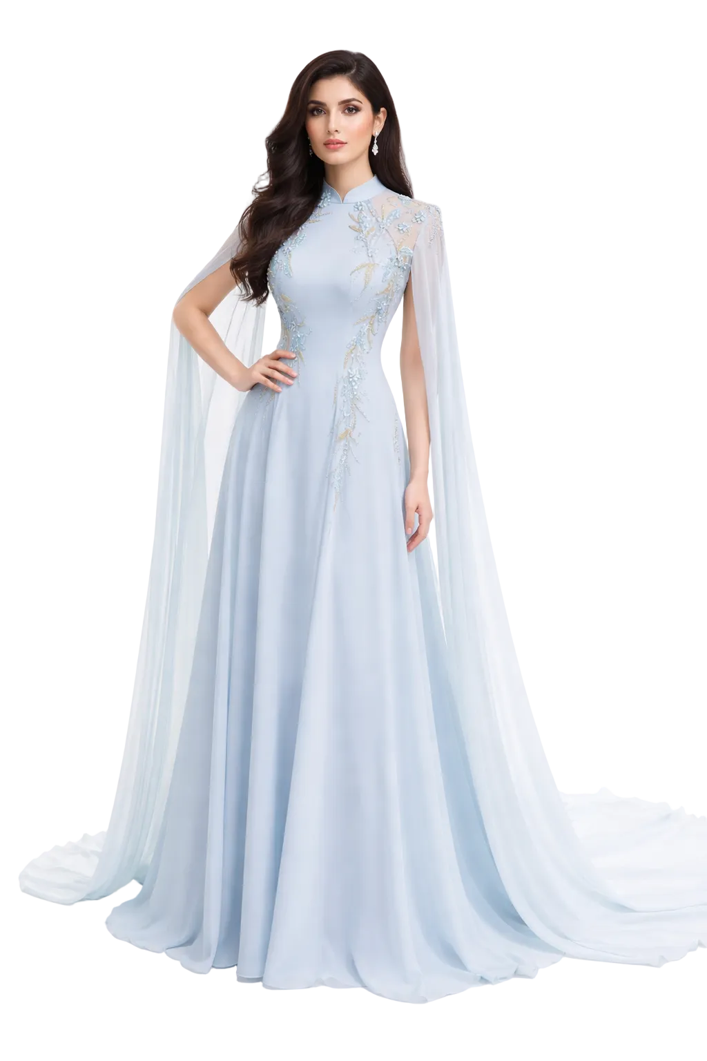 Embellished high-neck chiffon gown with sheer cape sleeves – ESAM