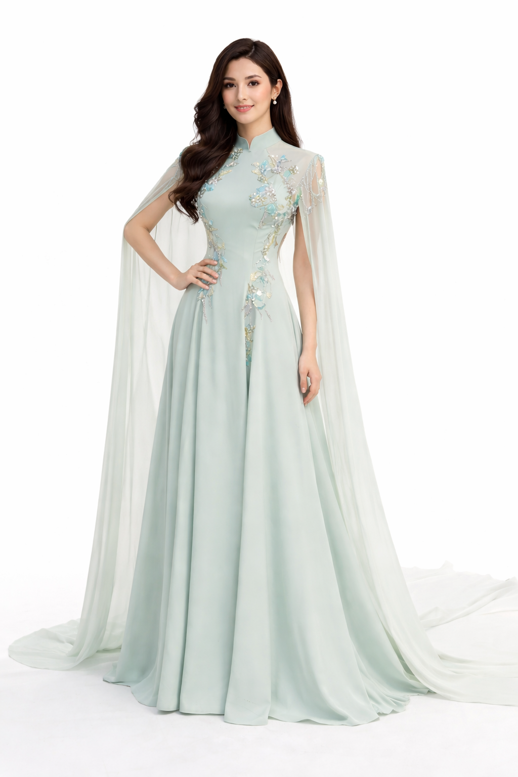 Embellished high-neck chiffon gown with sheer cape sleeves – ESAM