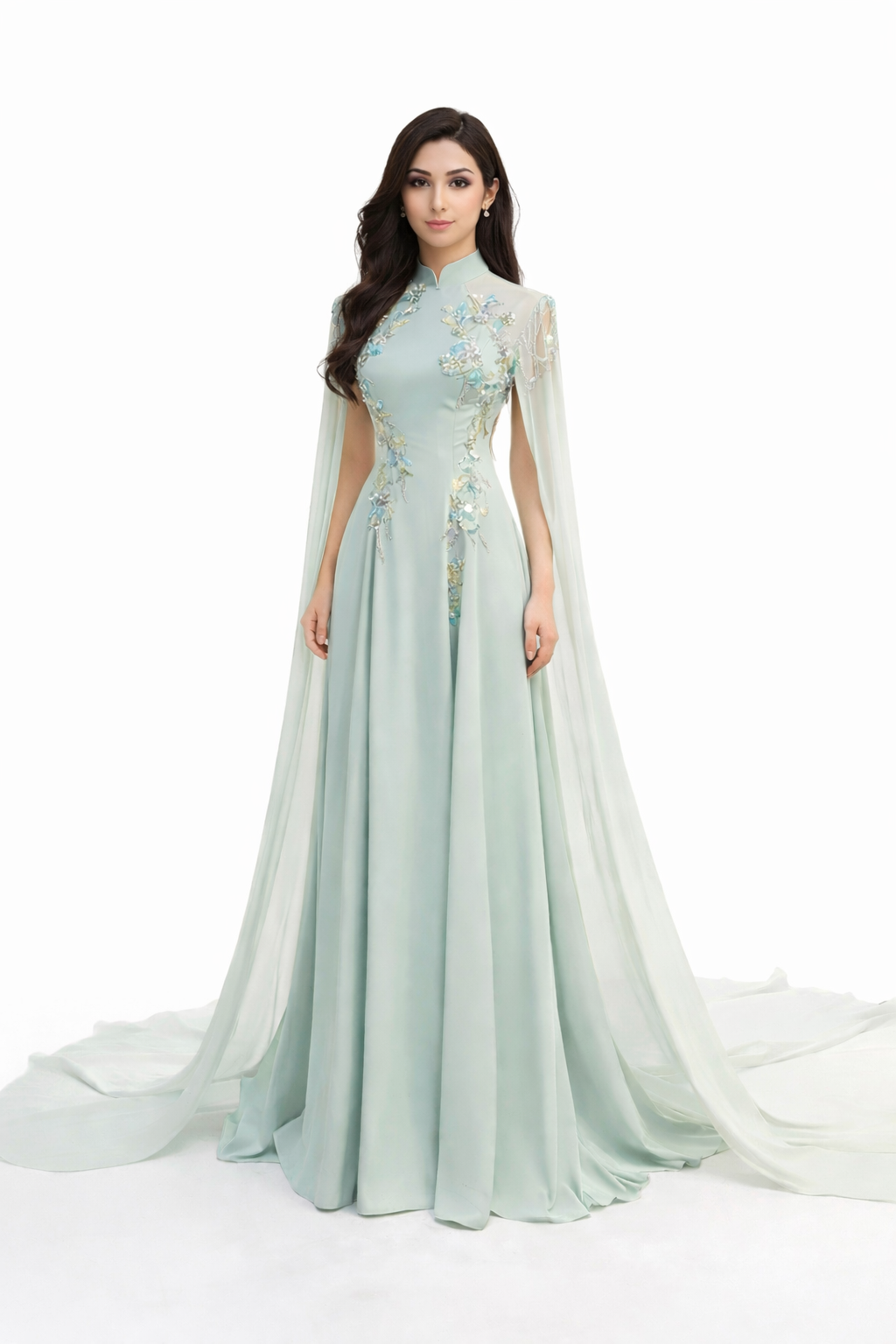 Embellished high-neck chiffon gown with sheer cape sleeves – ESAM