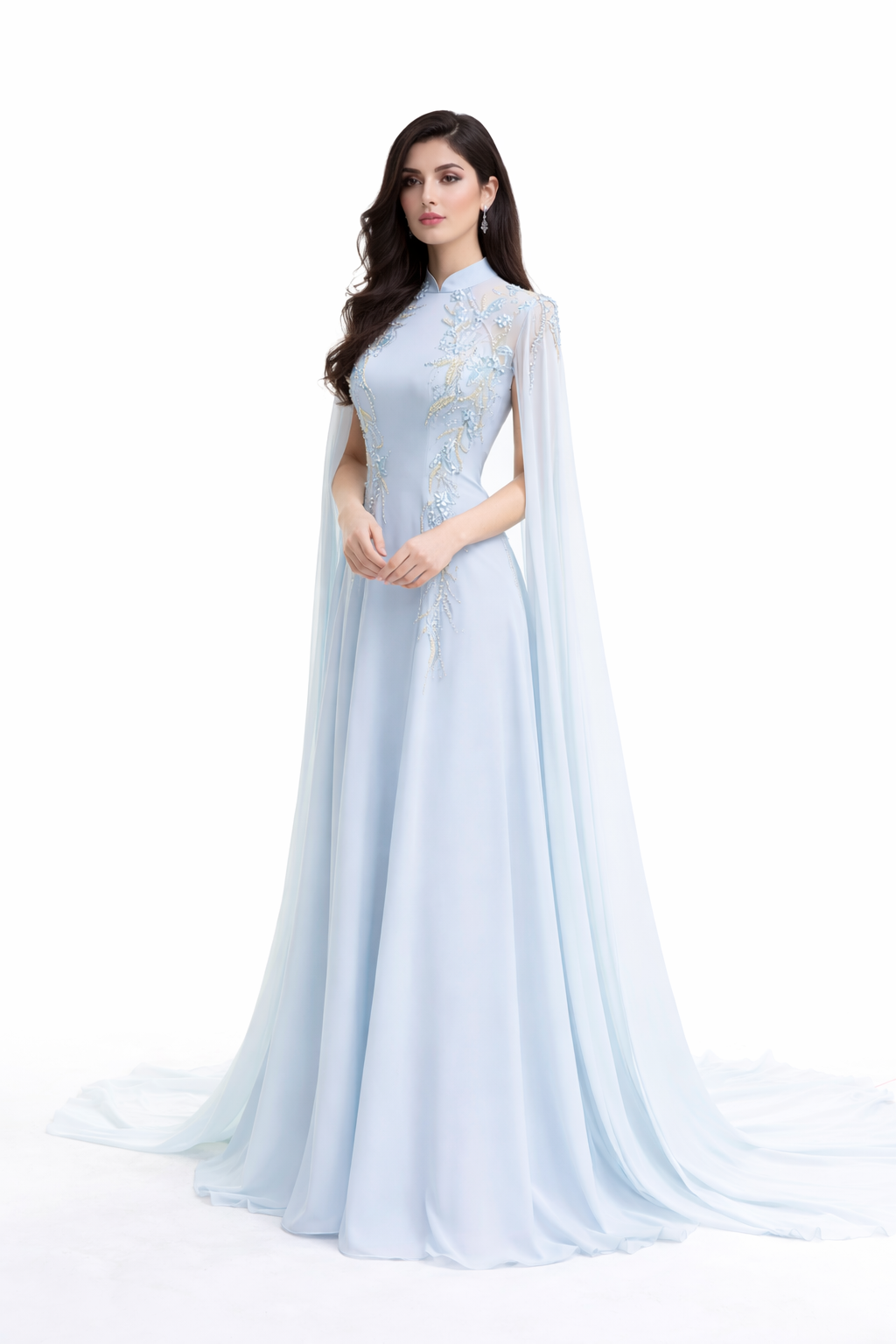 Embellished high-neck chiffon gown with sheer cape sleeves – ESAM