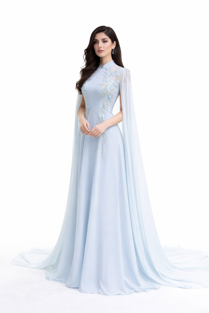 Embellished high-neck chiffon gown with sheer cape sleeves – ESAM