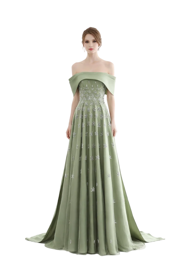 off-shoulder embroidered chiffon gown with cape train – OLIVIA