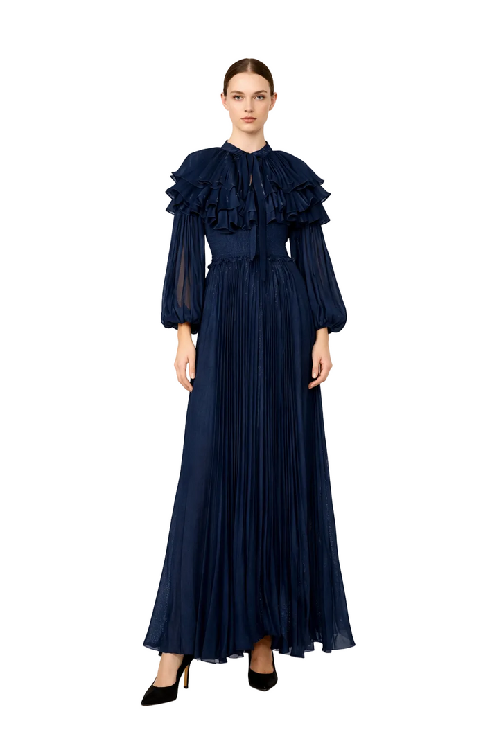 high neck pleated chiffon maxi dress with layered ruffle collar – CELESTE