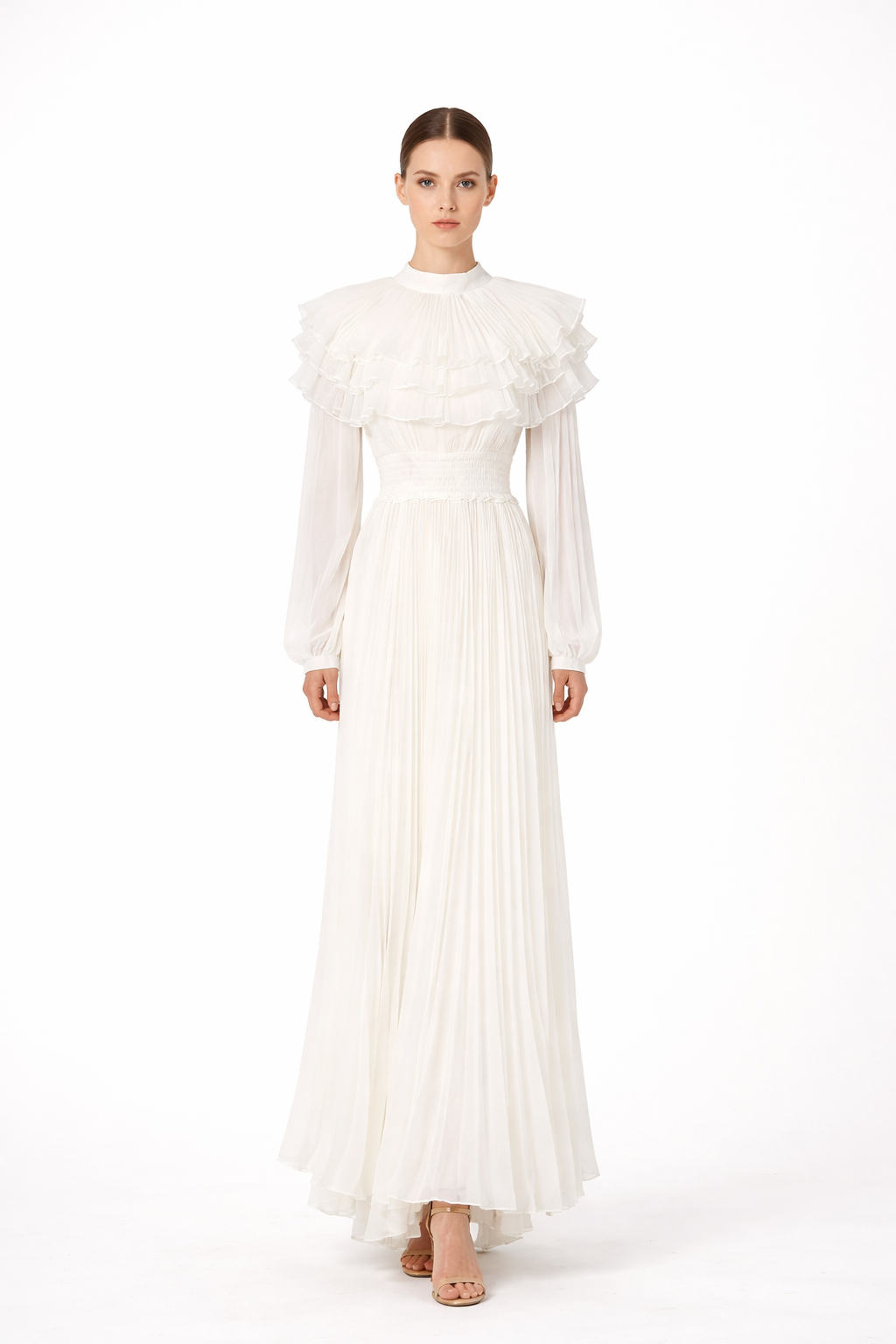 high neck pleated chiffon maxi dress with layered ruffle collar – CELESTE