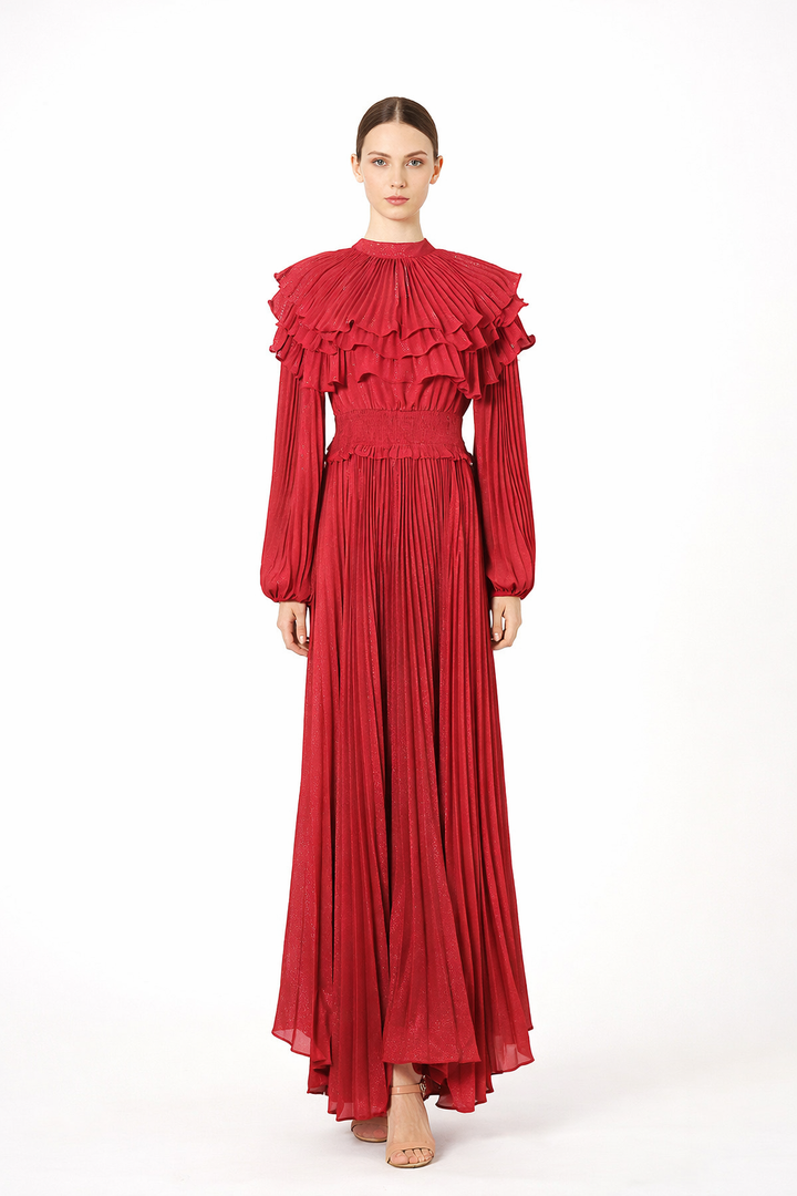 high neck pleated chiffon maxi dress with layered ruffle collar – CELESTE