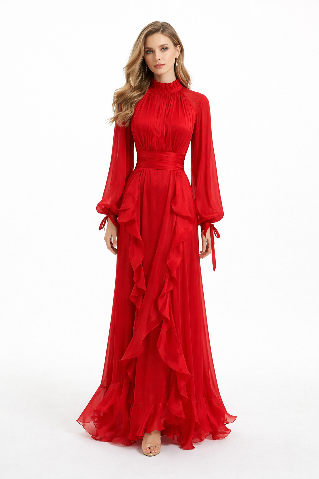 high neck chiffon maxi dress with cascading ruffles – SHS