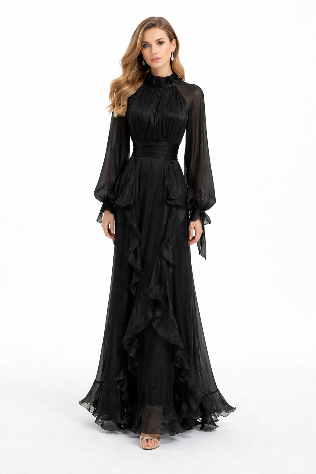 high neck chiffon maxi dress with cascading ruffles – SHS