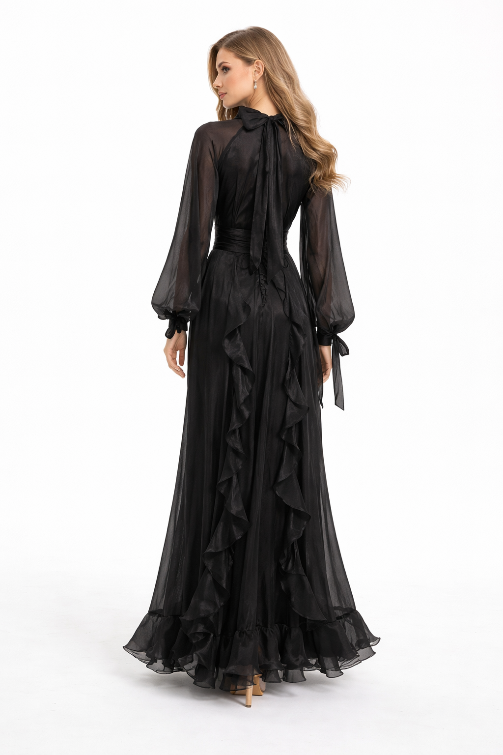 high neck chiffon maxi dress with cascading ruffles – SHS