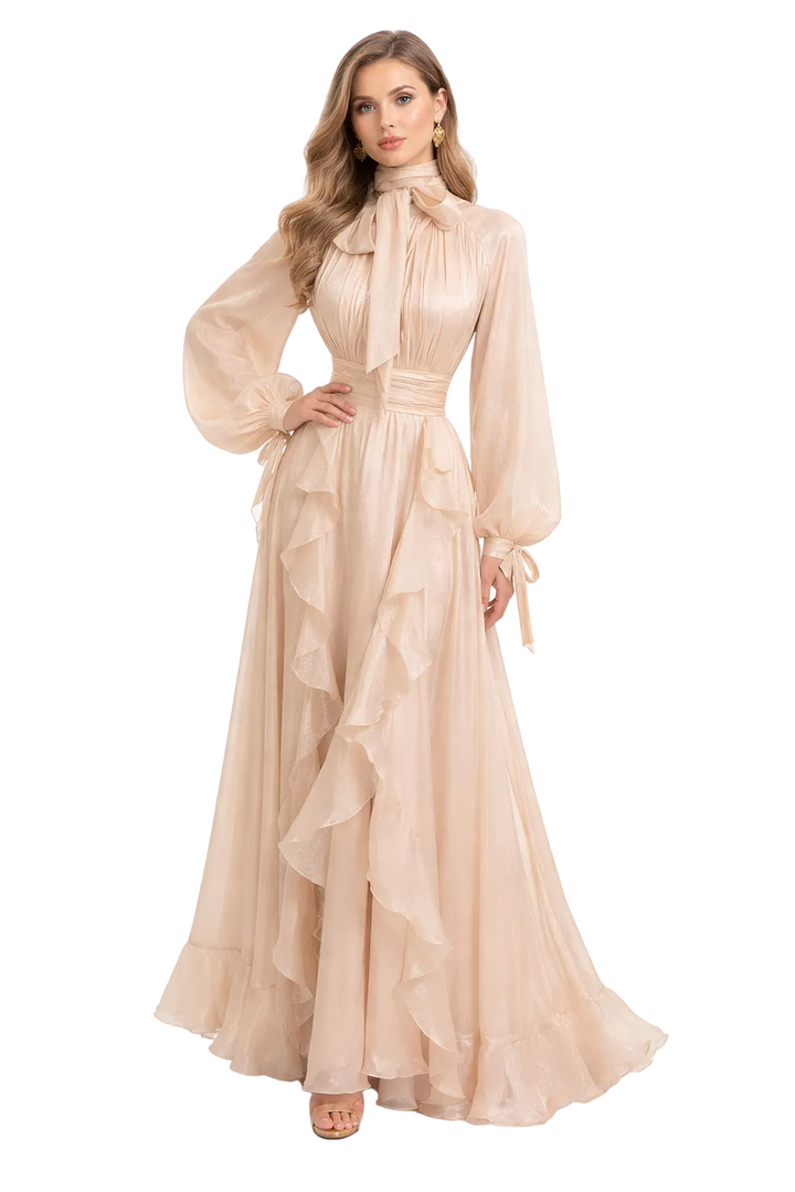 high neck chiffon maxi dress with cascading ruffles – SHS