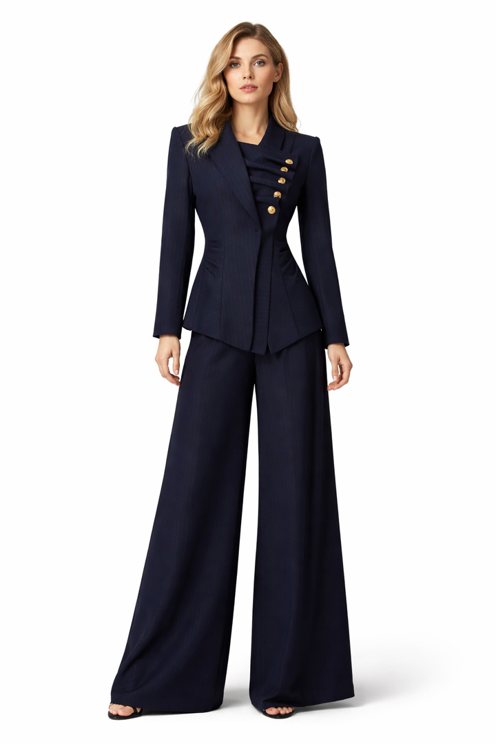 tailored blazer and wide-leg pants set with gold button detail – NAVARA