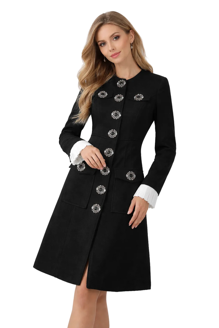embellished button A-line coat dress with pleated cuffs – VALERIE