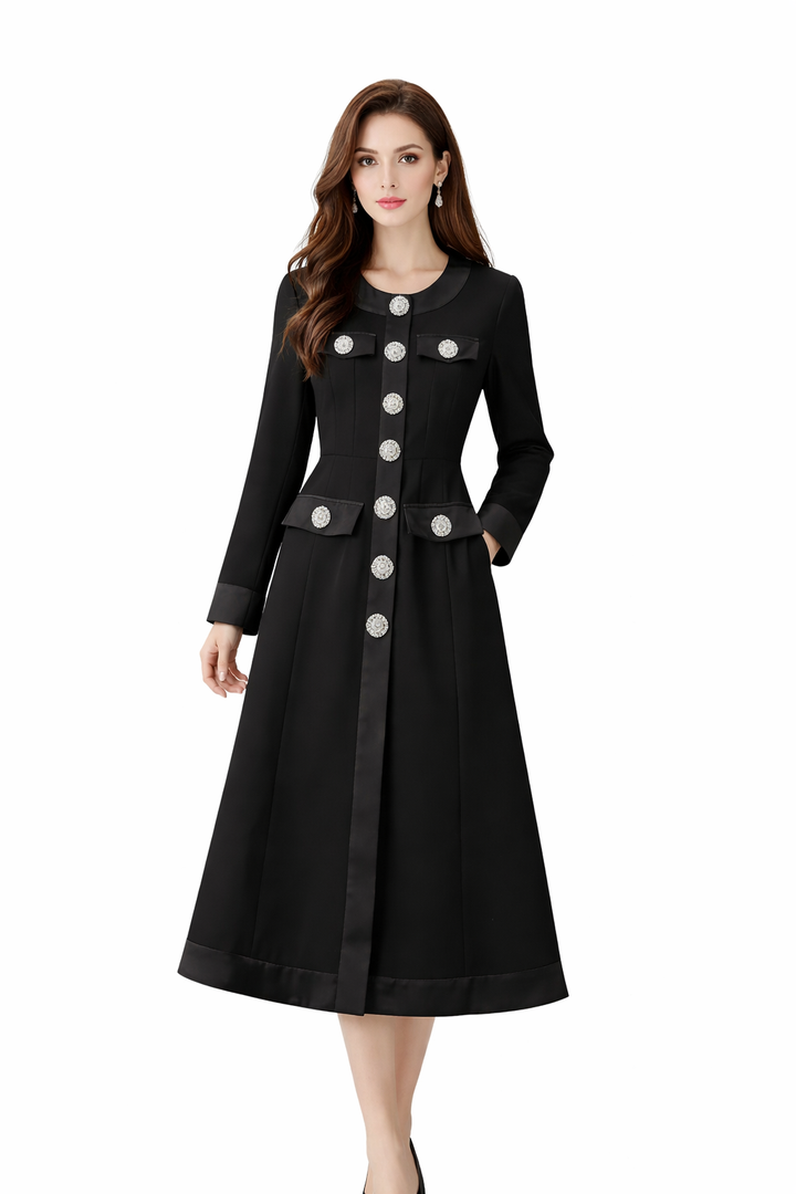 embellished button A-line midi coat dress – SERAPHINA