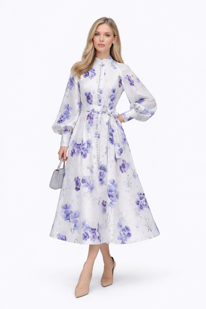 Button-Front Floral Maxi Dress with Waist Tie – SOLENE