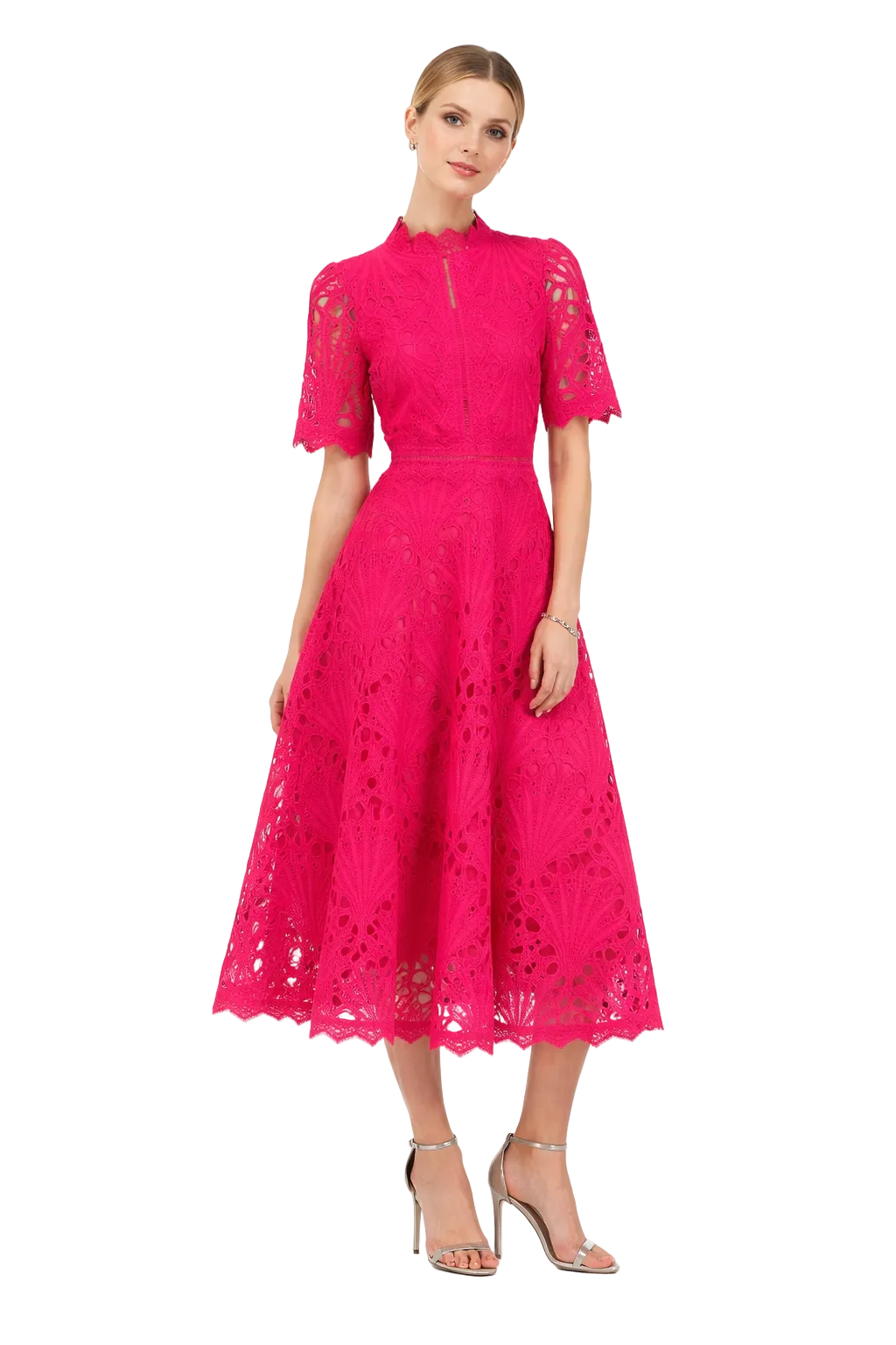 high-neck lace midi dress with short sleeves – EMERALD