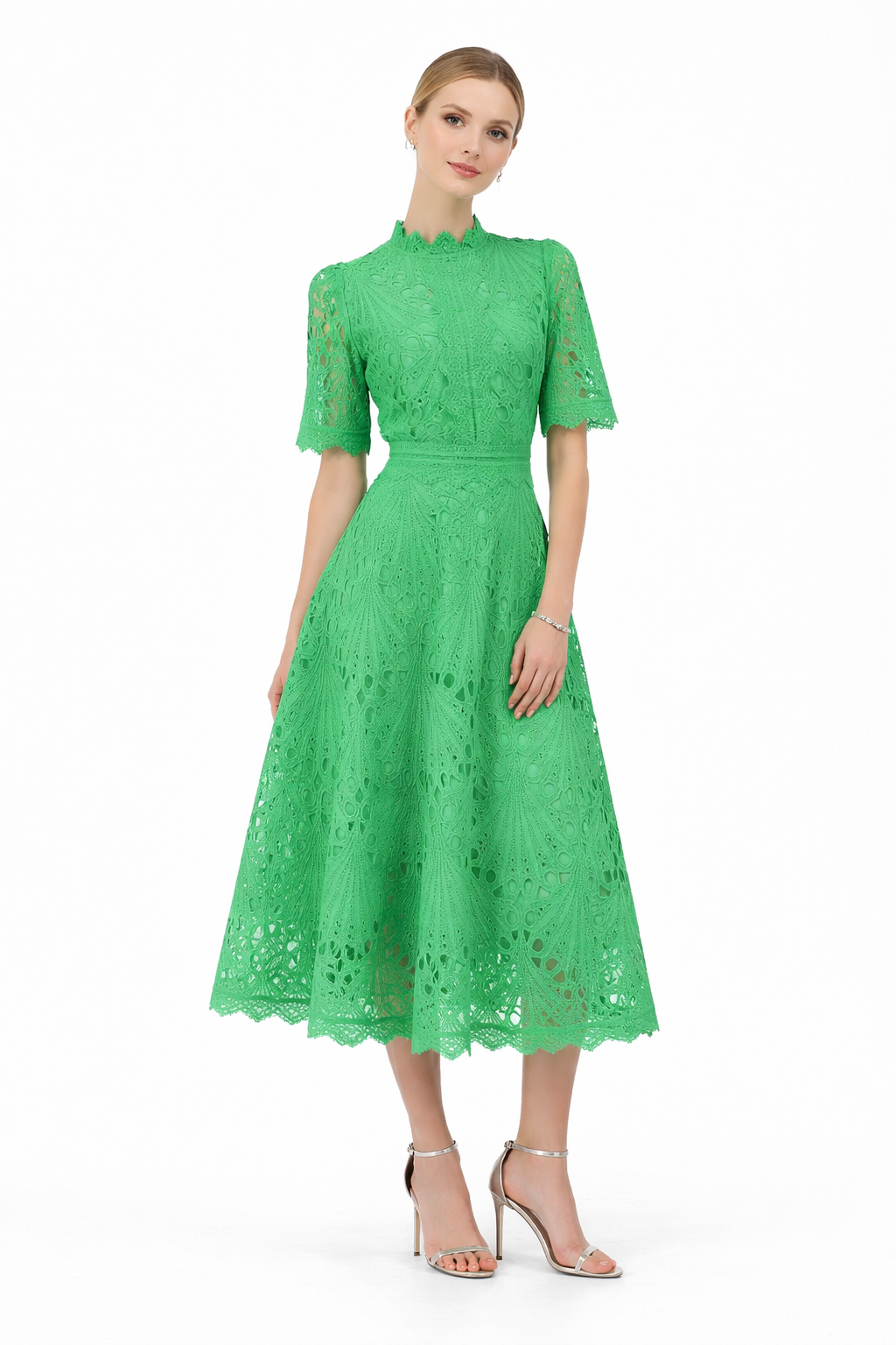 high-neck lace midi dress with short sleeves – EMERALD