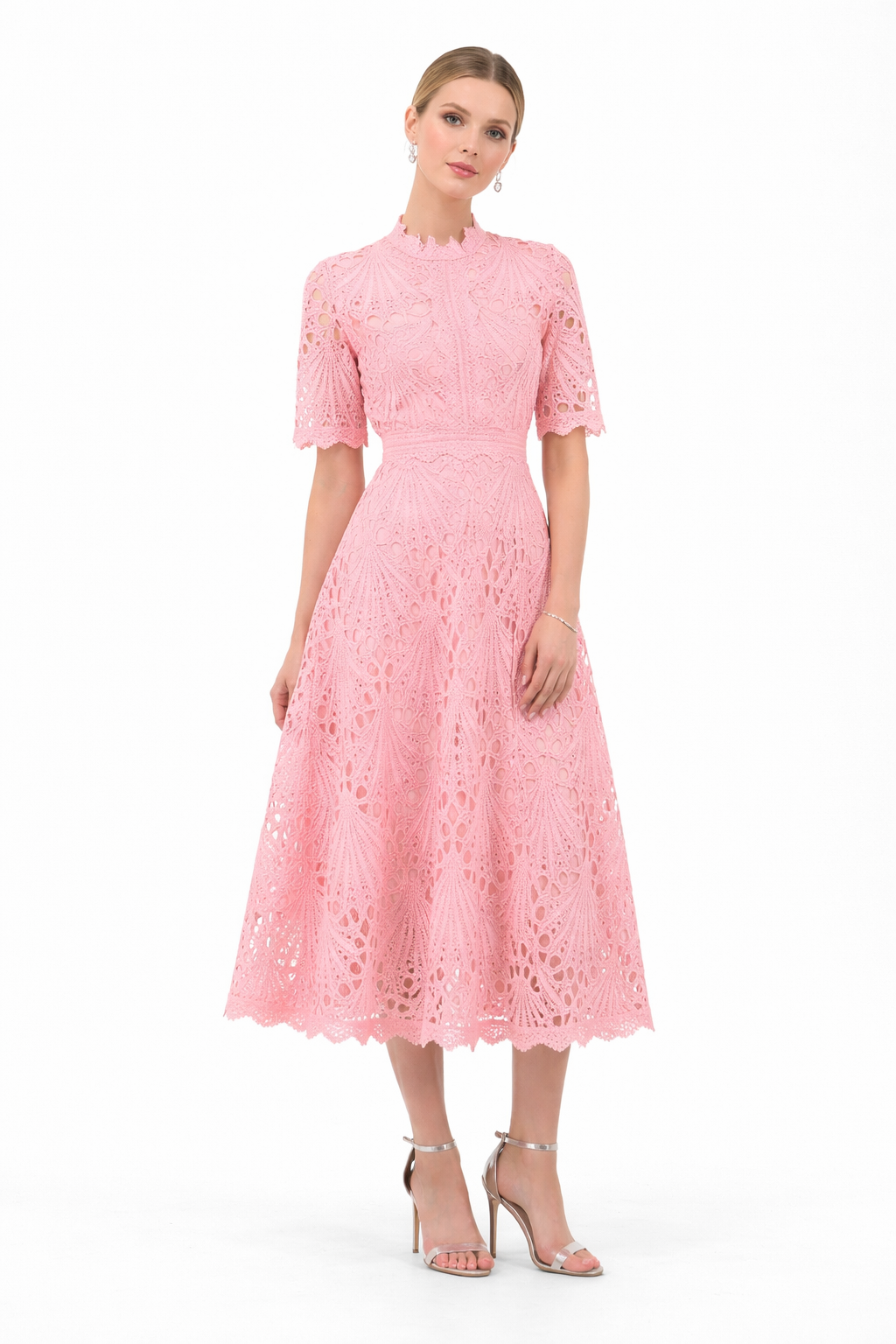 high-neck lace midi dress with short sleeves – EMERALD