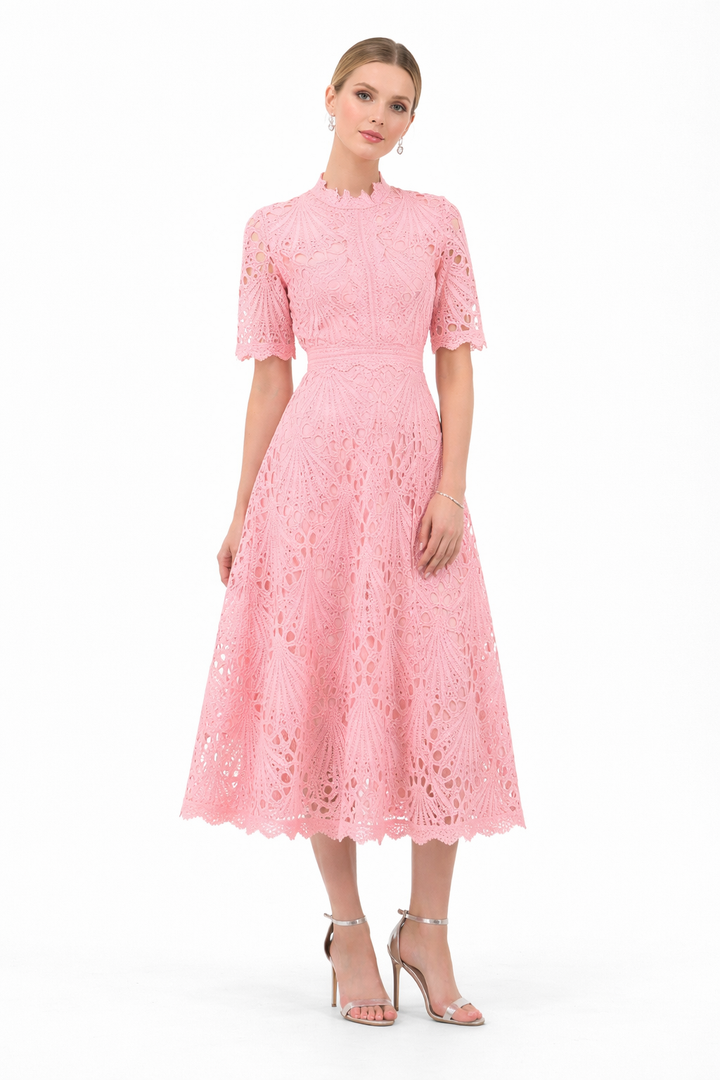 high-neck lace midi dress with short sleeves – EMERALD