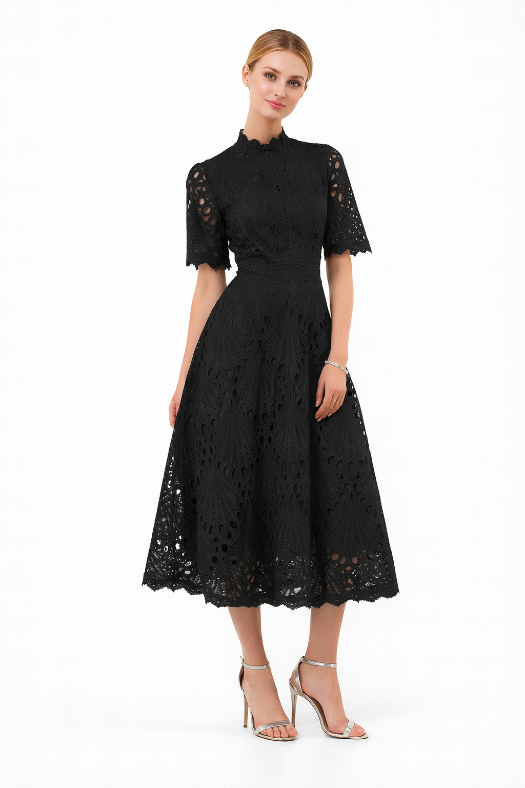 high-neck lace midi dress with short sleeves – EMERALD