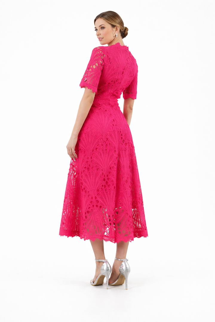 high-neck lace midi dress with short sleeves – EMERALD