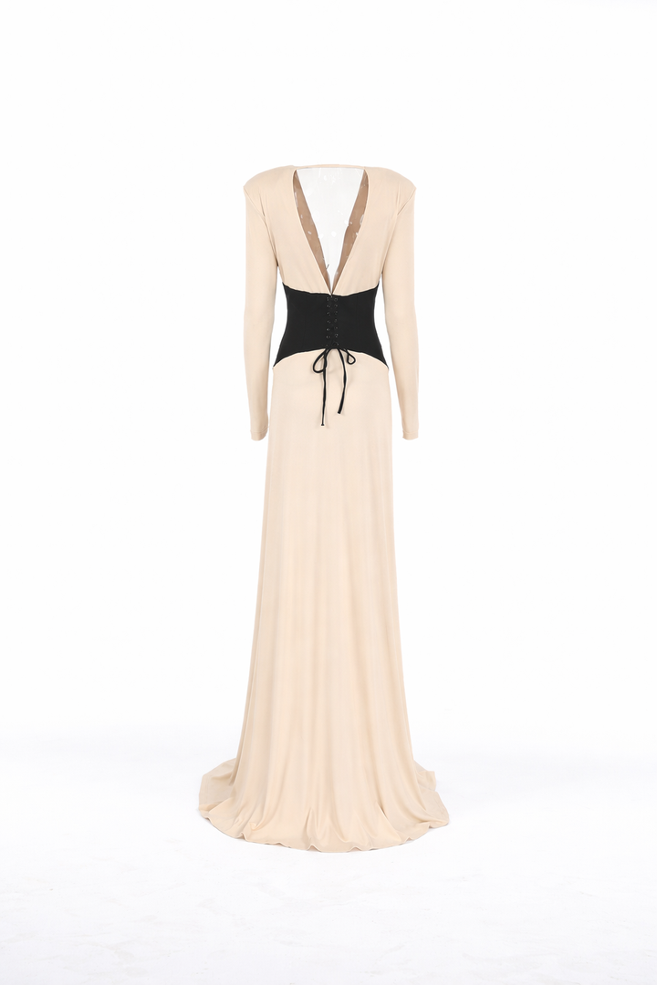long sleeve deep V-neck maxi dress with contrast corset waist – AURORA