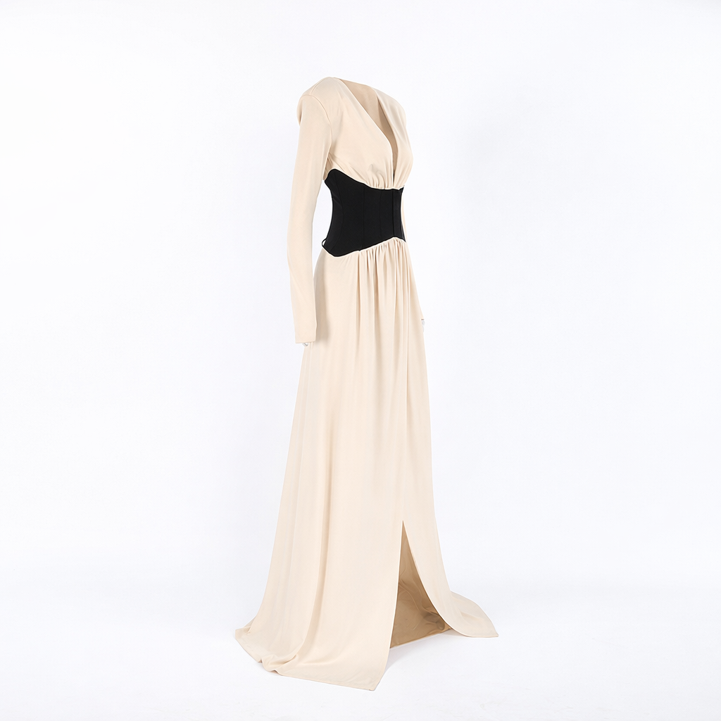 long sleeve deep V-neck maxi dress with contrast corset waist – AURORA