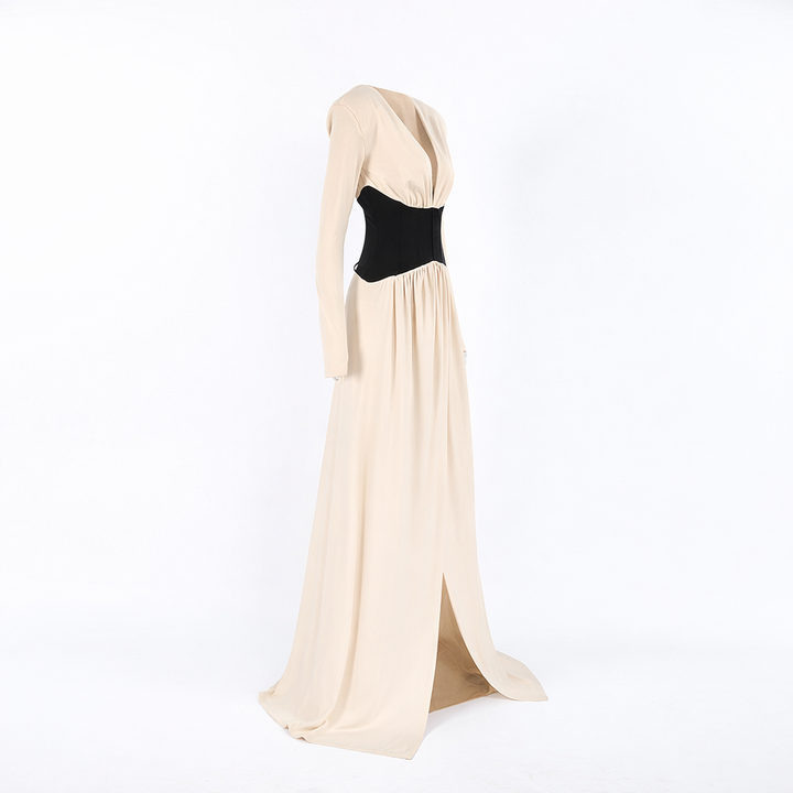 long sleeve deep V-neck maxi dress with contrast corset waist – AURORA