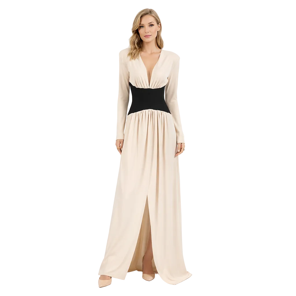 long sleeve deep V-neck maxi dress with contrast corset waist – AURORA