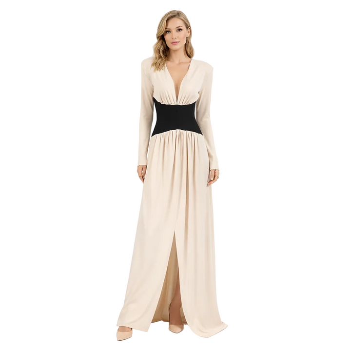 long sleeve deep V-neck maxi dress with contrast corset waist – AURORA