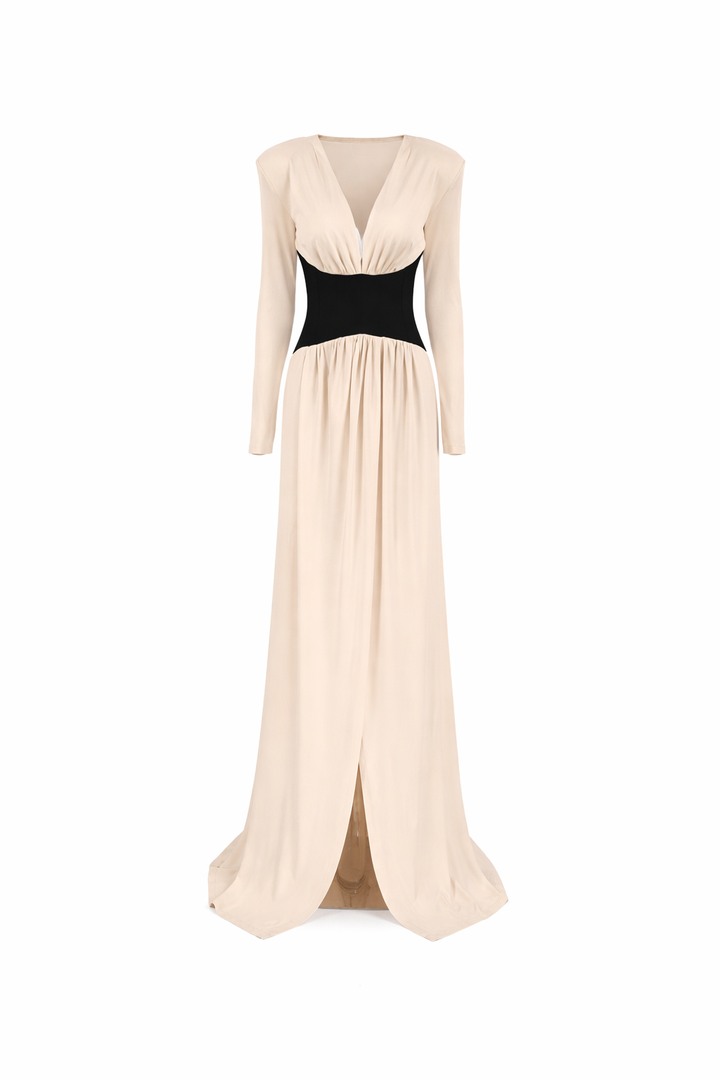 long sleeve deep V-neck maxi dress with contrast corset waist – AURORA