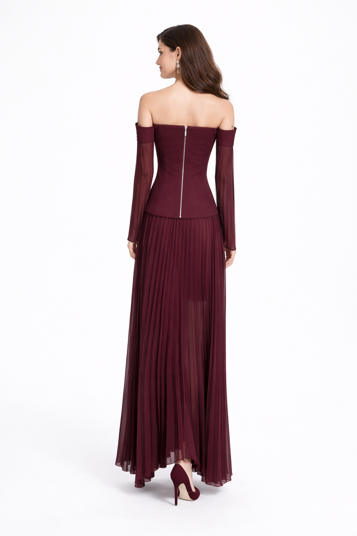 Off-Shoulder Pleated Chiffon Maxi Dress – VIVIENNE