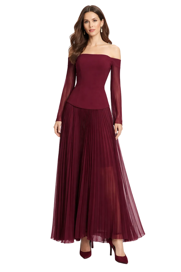 Off-Shoulder Pleated Chiffon Maxi Dress – VIVIENNE