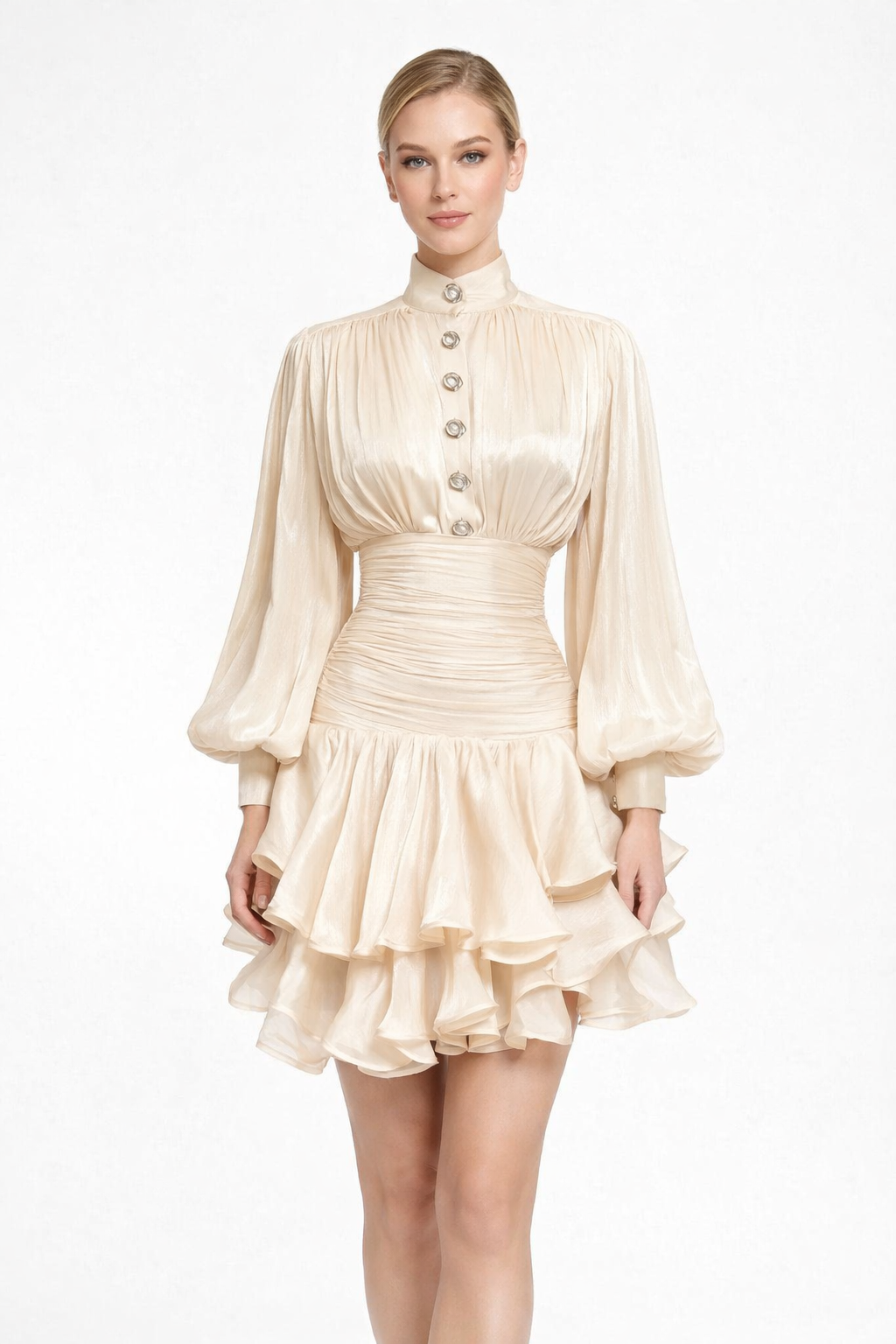 High-Neck Ruffled Mini Dress with Button Detail – RUBINA