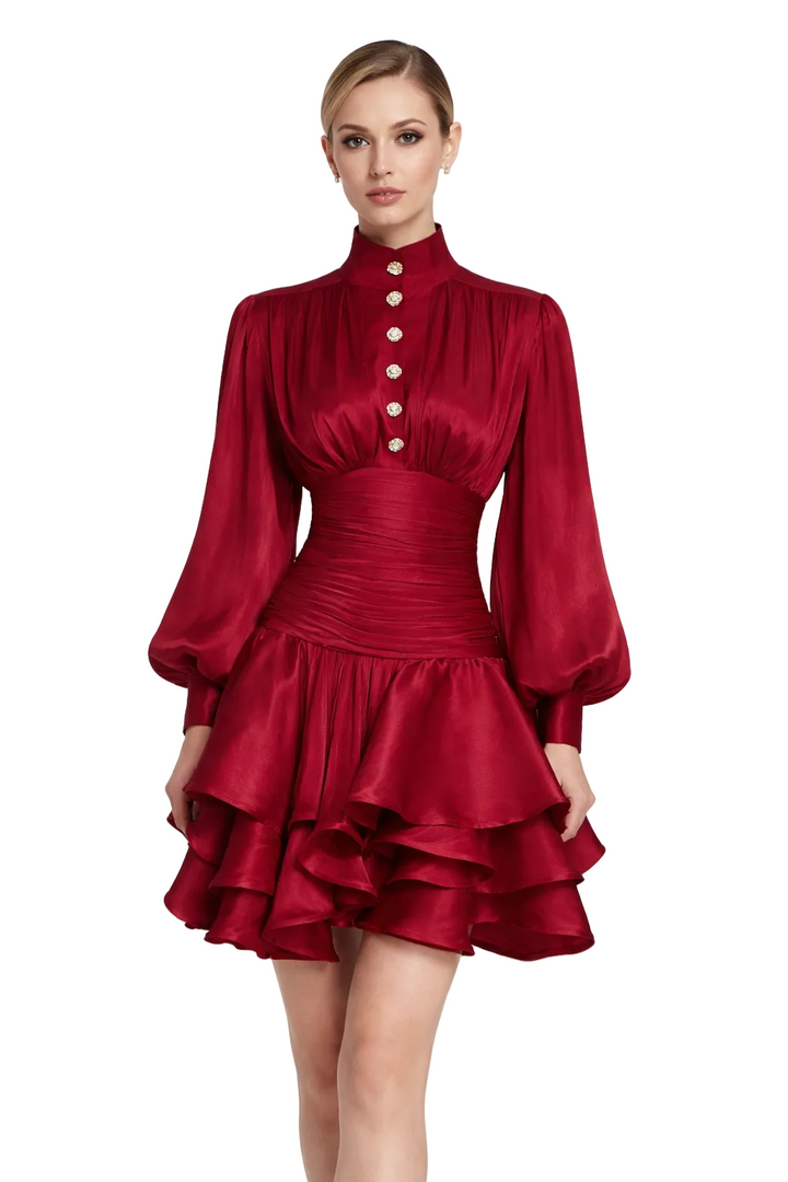 High-Neck Ruffled Mini Dress with Button Detail – RUBINA