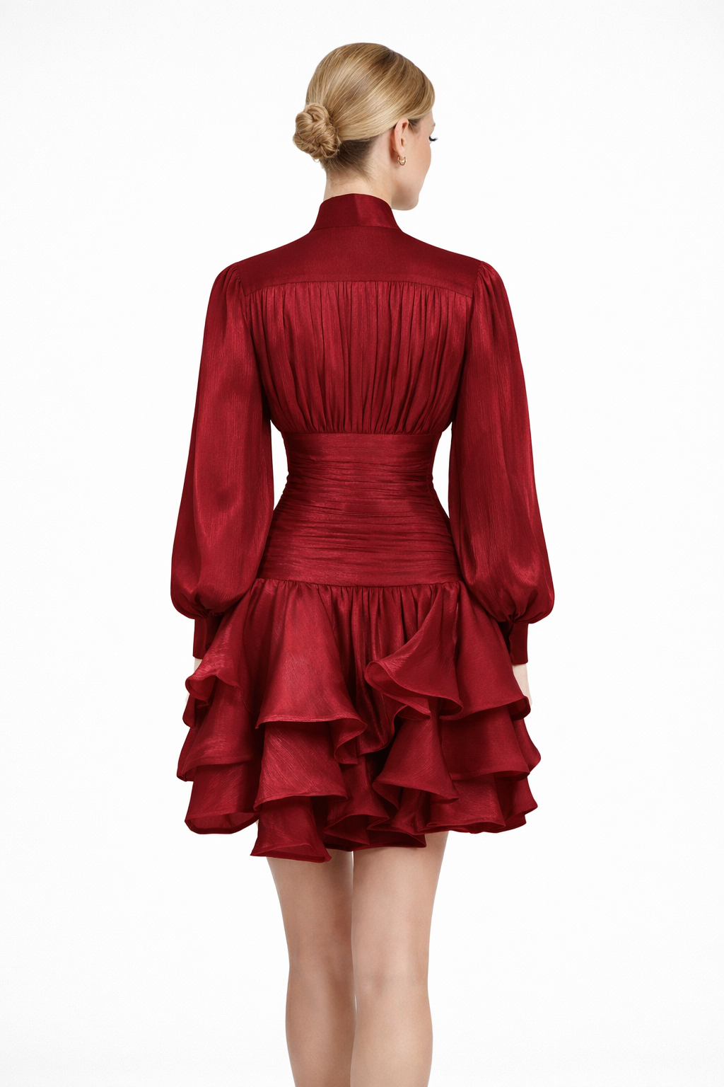 High-Neck Ruffled Mini Dress with Button Detail – RUBINA