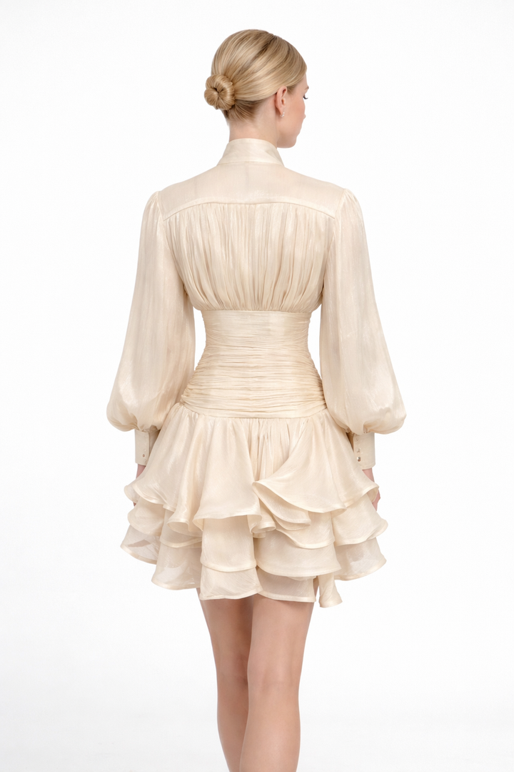 High-Neck Ruffled Mini Dress with Button Detail – RUBINA