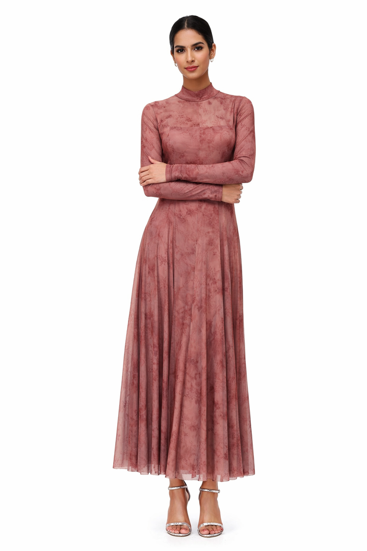 High-Neck Long Sleeve Jacquard Maxi Dress – ELYSIA